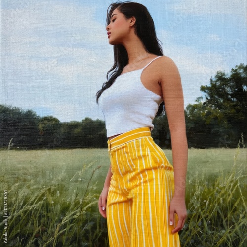 Woman Stands in a Field Wearing a White Top and Yellow Striped Pants During a...