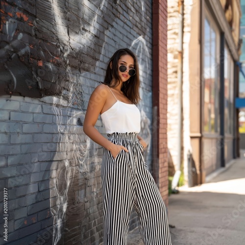 Model Poses Against a Concrete Wall Wearing a White Top and Striped Pants in ...