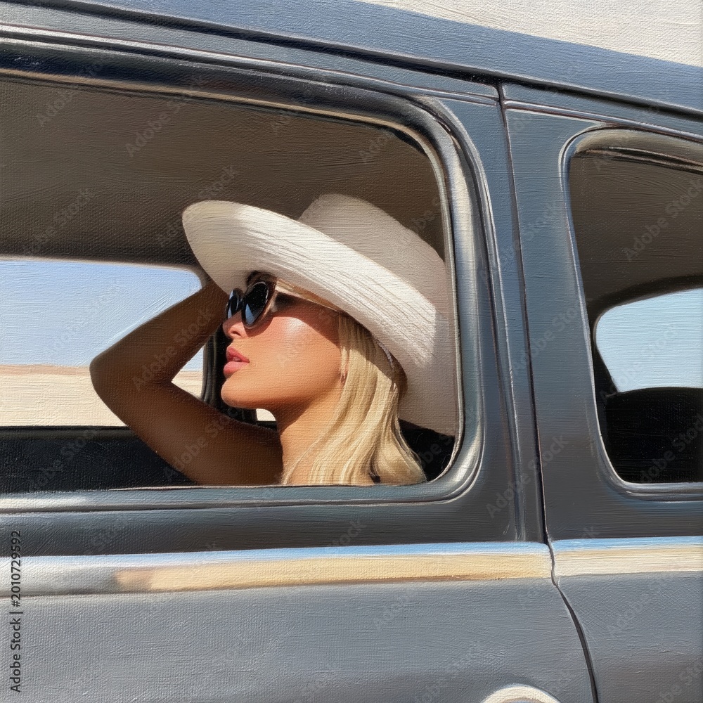 Fototapeta premium Woman Wearing Sunglasses and a Hat Leans out of a Car Window in a Sunny Location During the Day