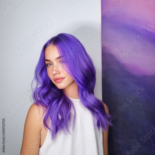 Young Woman With Purple Hair Poses in Front of Colorful Wall Art in Bright Light