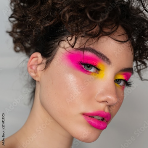 Bold Makeup Look With Vibrant Colors on Models Face During Beauty Session in ...