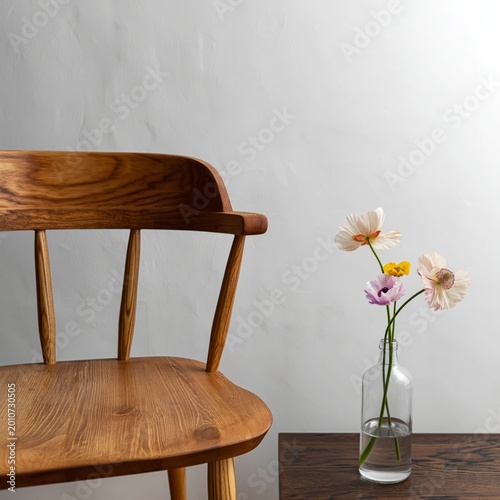 Wooden Chair Next to Small Table With a Flower Vase in a Modern Room Setting