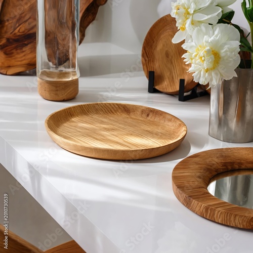 Wooden Plate and Decor on a Table With Flowers and Glass