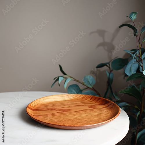 Wooden Plate on Table Near Plant in a Room With Neutral Walls