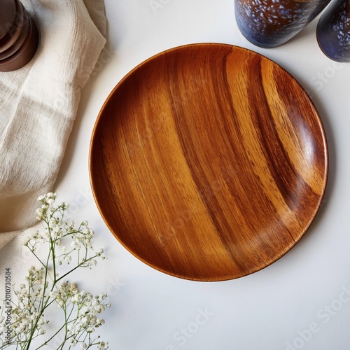 Wooden Plate and Decor on a Table With Flowers and Glass