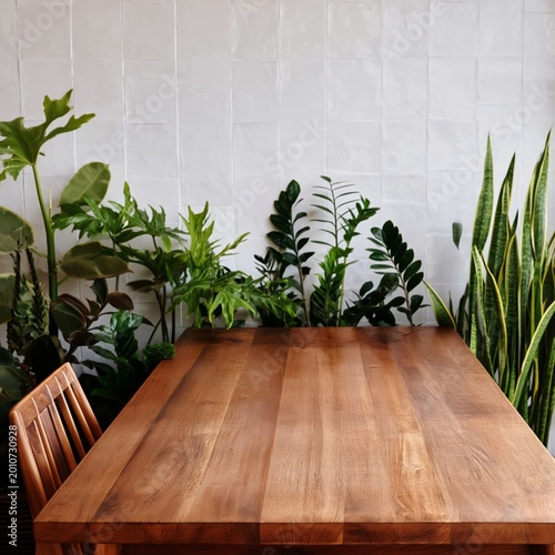 Wooden Table Surrounded by Green Plants in a Tropical Garden During Daylight