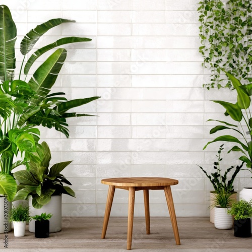 Wooden Stool in a Green Space With Various Indoor Plants and a Tiled Wall Bac...