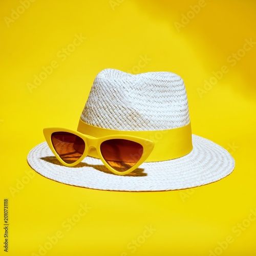 Fashion Accessories on a Bright Yellow Background With Summer Vibes and Casua...