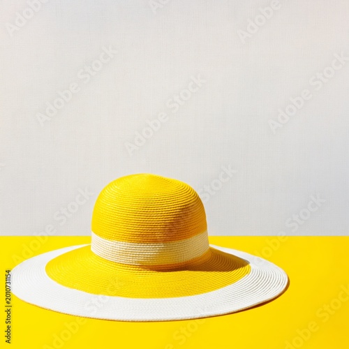 Yellow Hat and Vase on a Bright Yellow Table in a Rocky Outdoor Setting