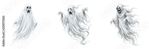 Foto Set and collection of white ghost spirit flying isolated on white background