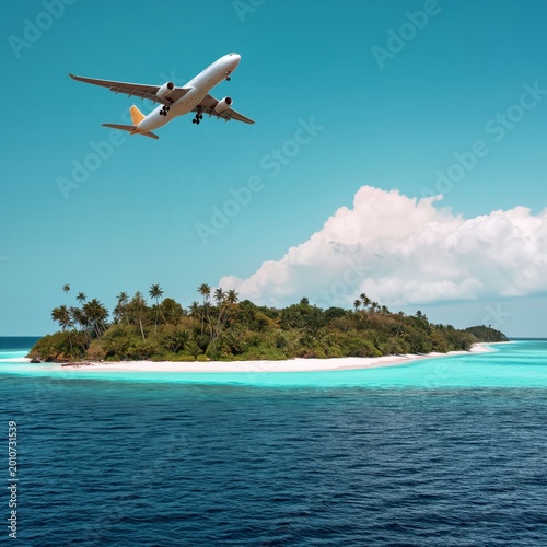 Airplane Flying Above the Ocean During Sunset With Colorful Sky and Soft Clouds