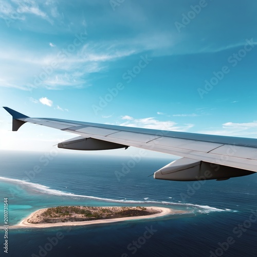 Airplane Flying Above the Ocean During Sunset With Colorful Sky and Soft Clouds