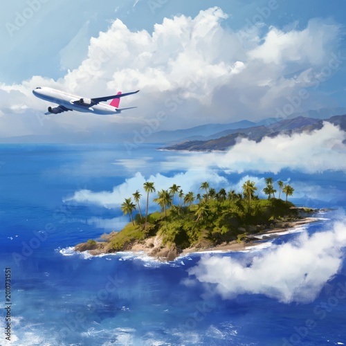 Airplane Flies Over Tropical Island With Palm Trees and Blue Ocean