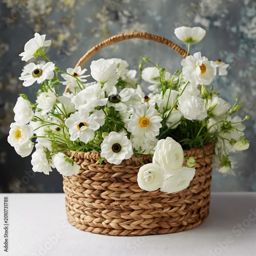 White Flowers in a Woven Basket on a Light Table Against a Textured Background
