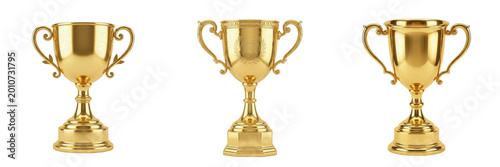 Foto Set and collection of golden trophy cup isolated on white background