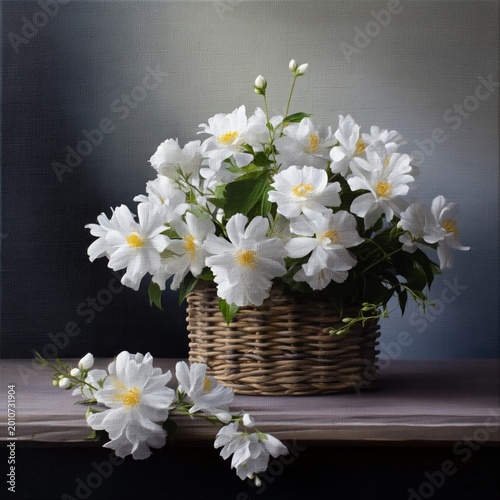 White Flowers in a Basket on a Wooden Table in Soft Light With a Gray Background