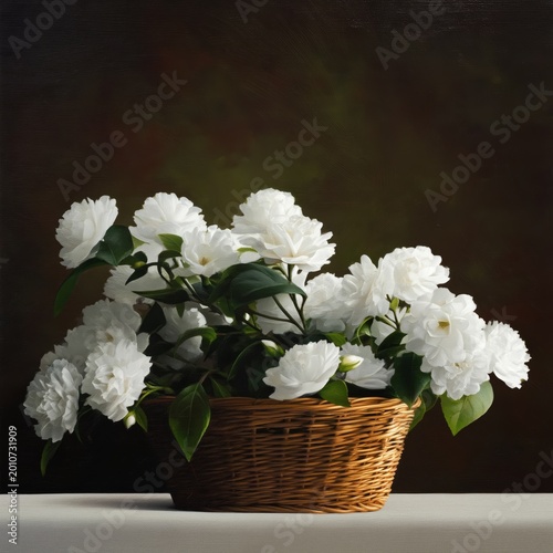 Decorative Basket With White Flowers Placed on Wooden Table Against a Plain Wall