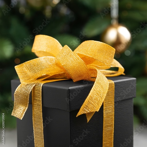Gift Box With a Gold Ribbon Placed Near a Decorated Christmas Tree During a H...