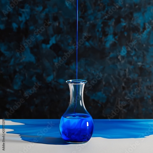 Liquid Blue Flows From a Glass Vessel Onto a White Surface