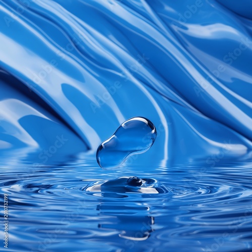 Water Drop Falls on Blue Surface Creating Ripples Under Bright Light