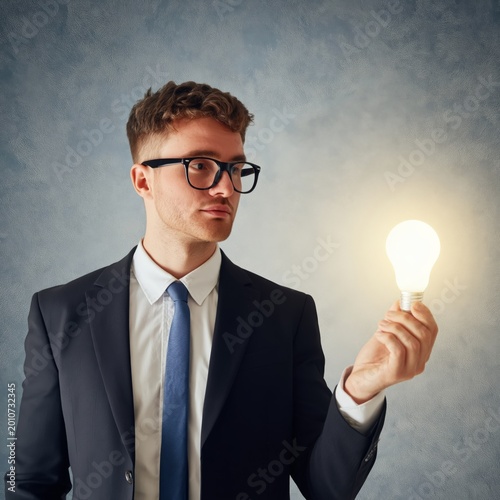 Man in Suit Holding Light Bulb While Standing Against a Gray Wall