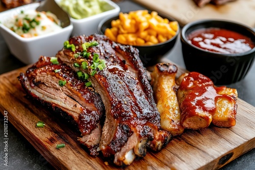 Savoring mouthwatering barbecue ribs and sides at a cozy outdoor gathering in warm summer sun