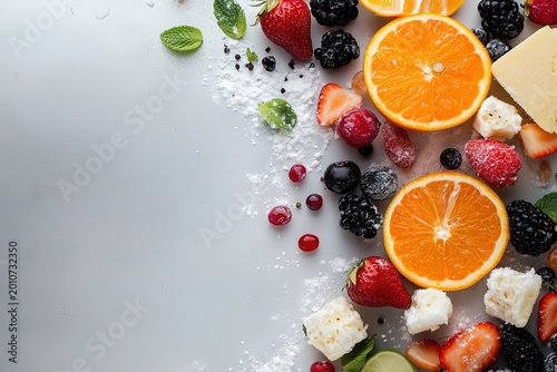 Bright and colorful fruit display featuring vibrant oranges, berries, and fresh mint against a clean backdrop