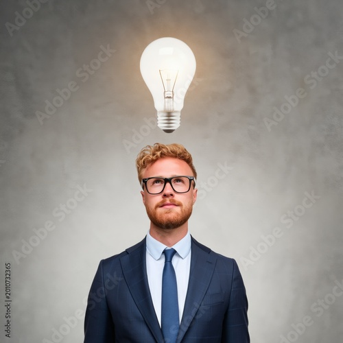 Businessman Holds Light Bulb in Office Setting While Dressed in Formal Attire...