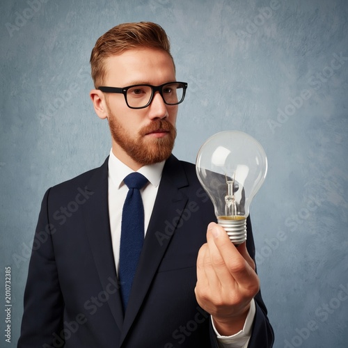 Businessman Holds Light Bulb in Office Setting While Dressed in Formal Attire...