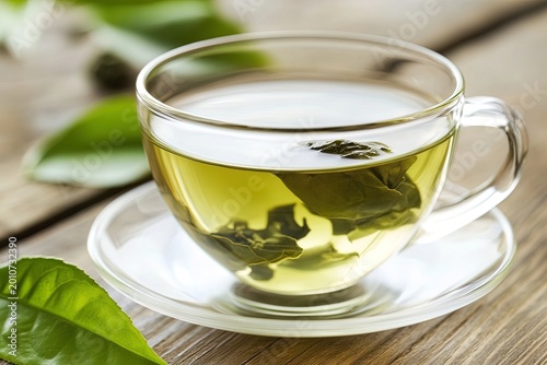 Freshly brewed green tea with leaves floating gently in a clear cup on a rustic wooden table