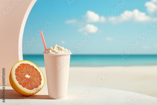 Refreshing citrus drink by the serene beach on a sunny day, perfect for relaxation and enjoyment