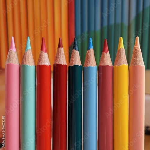 Various Colored Pencils Are Arranged in a Line in a Room With Colorful Backgr...