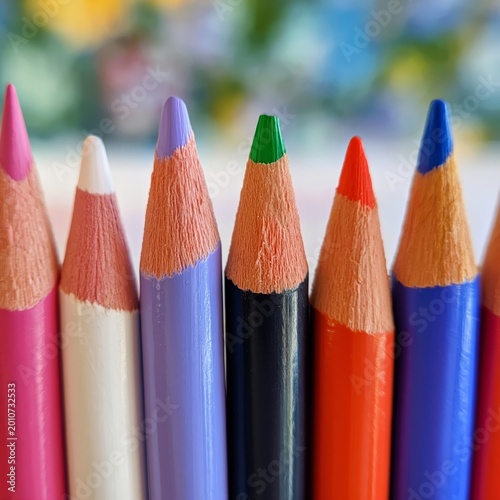 Various Colored Pencils Arranged in a Row With Sharp Tips on Display