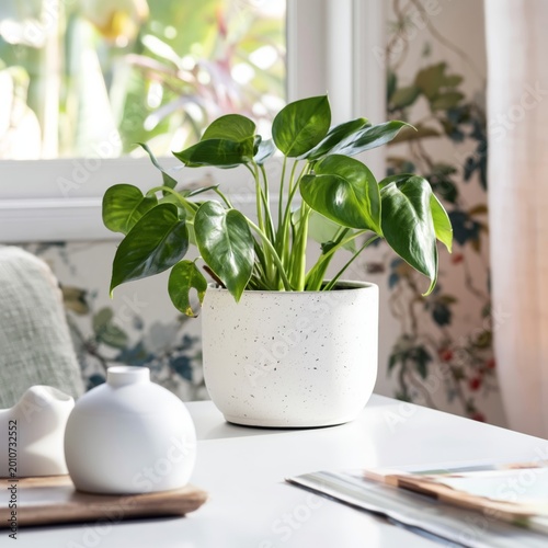 Indoor Plant on a White Table With Background Decor in a Bright Room