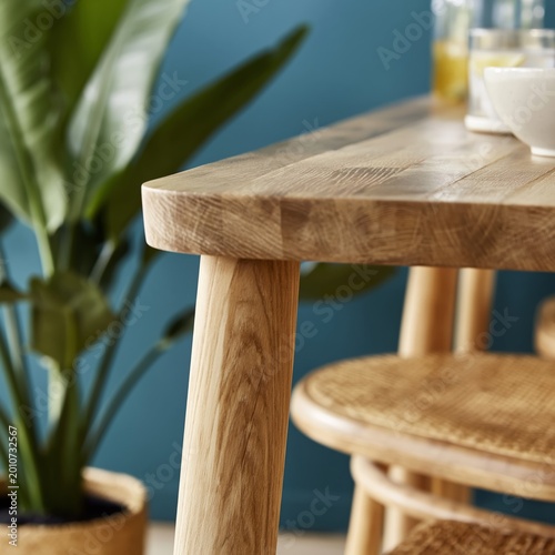 Wood Table With Natural Finish and Chairs in a Room With Green Plant and Blue...