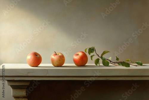 Three vibrant apples resting on a simple stone ledge under soft natural light
