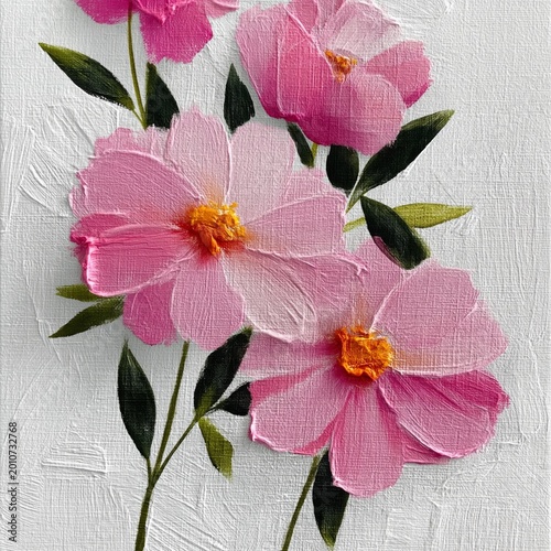 Pink Flowers on a Textured Background With Green Leaves in a Simple Arrangement