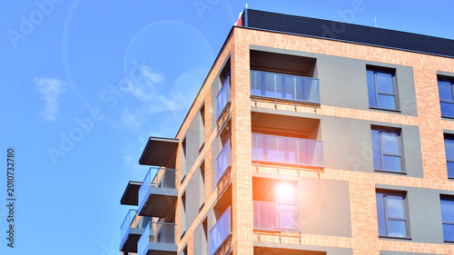 Downtown modern residential architecture. Architectural details of modern apartment building. Modern european residential apartment building complex.