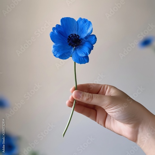 Hand Holding a Blue Flower With a Simple Background and Additional Flowers in...