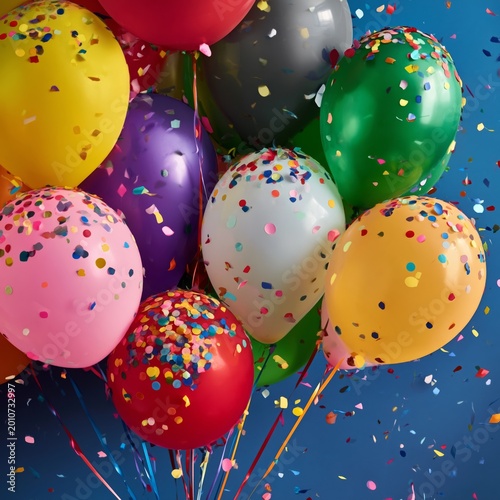 Colorful Balloons With Confetti Against a Blue Background for a Party Celebra...