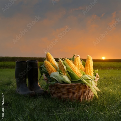 Harvesting Corn at Sunset Near a Green Field With Rubber Boots
