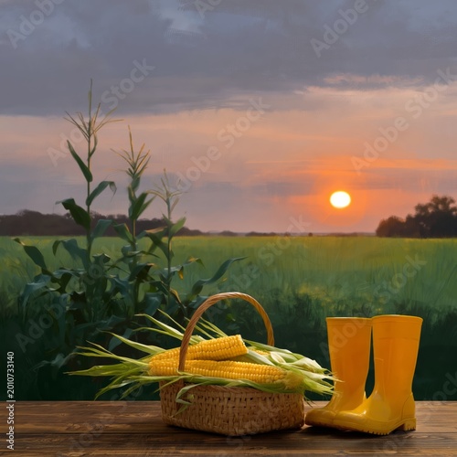 Sunset Over Cornfield With Basket of Corn and Yellow Boots on Wooden Table