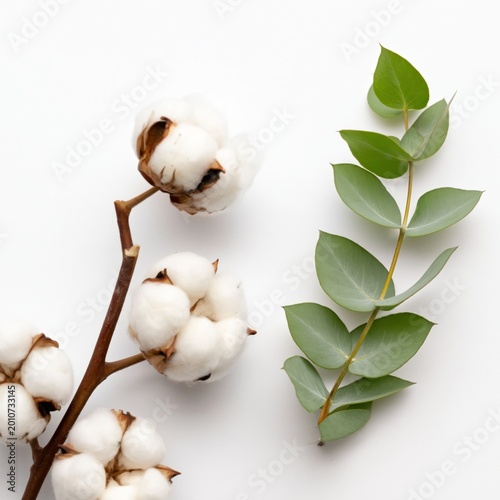 Cotton Branch and Eucalyptus Leaves on a Plain Background in the Studio