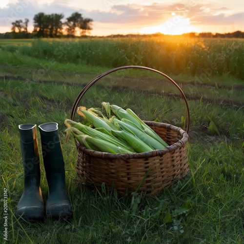 Harvesting Corn at Sunset Near a Green Field With Rubber Boots