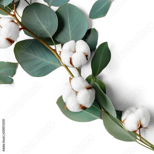 Cotton and Eucalyptus Leaves Arranged Together on a White Surface With Natura...