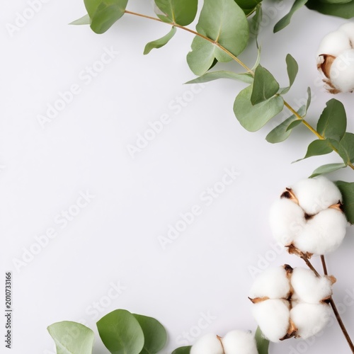 Cotton Bolls and Eucalyptus Leaves on White Background in Simple Arrangement