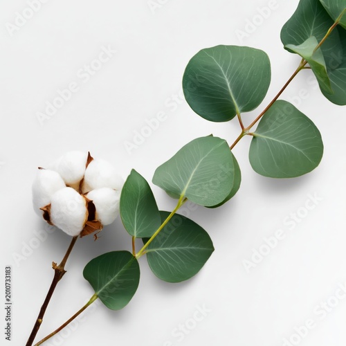 Cotton Bolls and Eucalyptus Leaves on White Background in Simple Arrangement