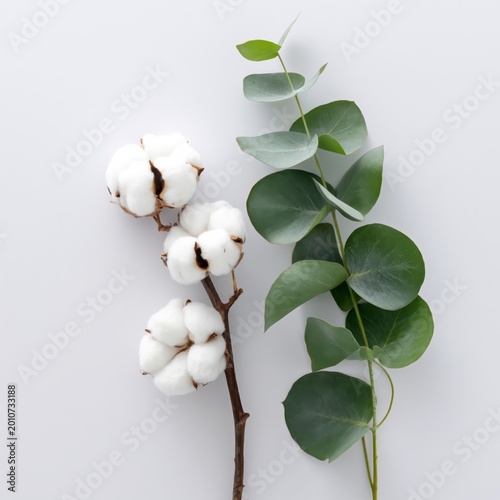 Cotton Plant and Eucalyptus Branch Placed on a Plain White Background in Natu...