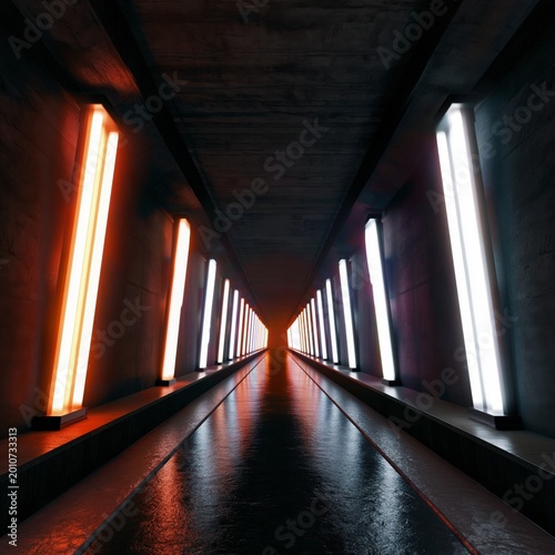Lines of Light Guide the Way Through a Dark Corridor in an Urban Setting