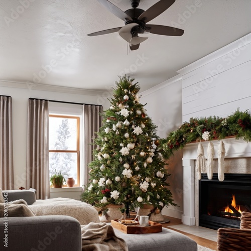 Christmas Tree in a Cozy Living Room With a Fireplace and Winter View Outside